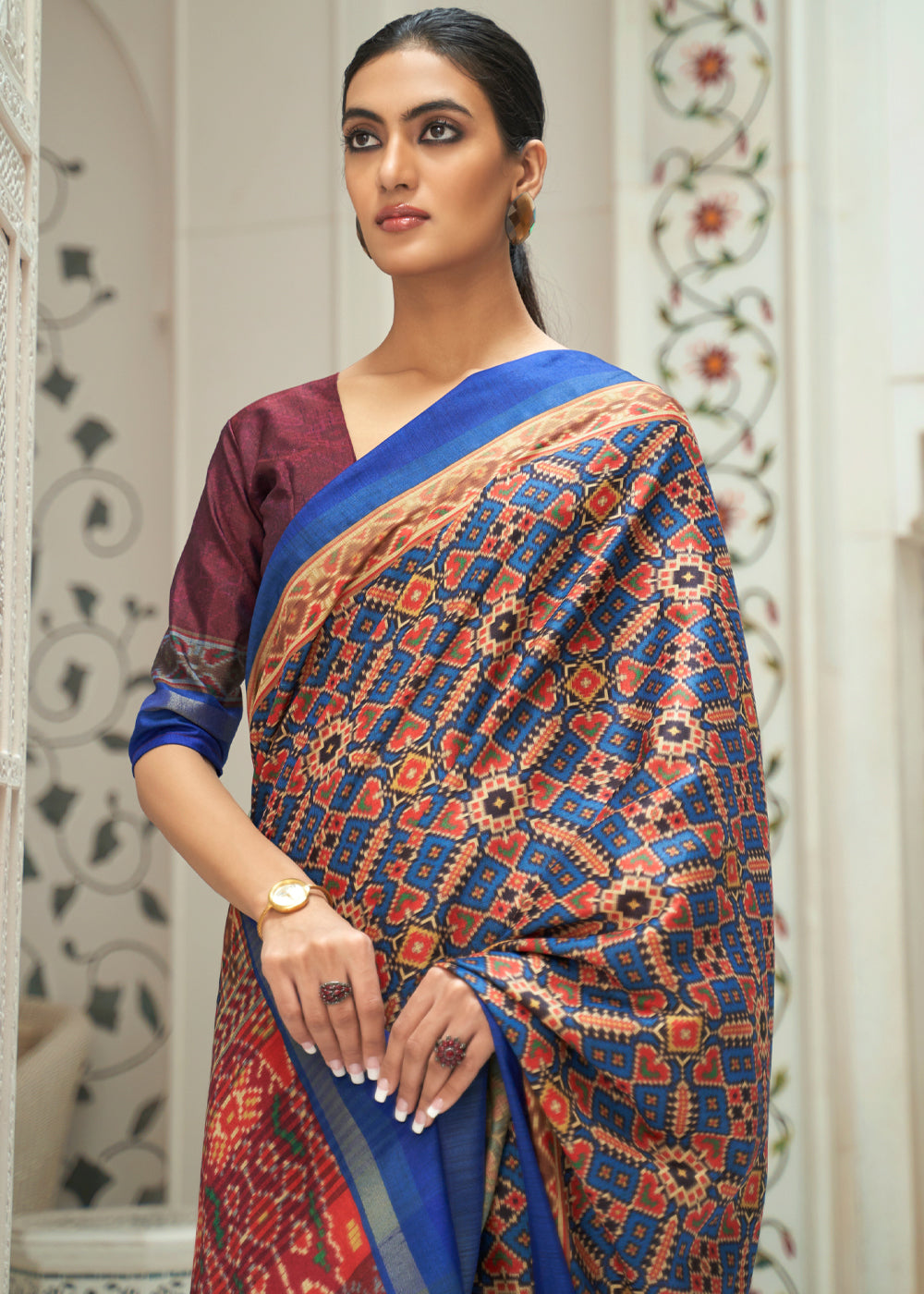 MySilkLove Cape Palliser Brown and Blue Patola Digital Printed Saree