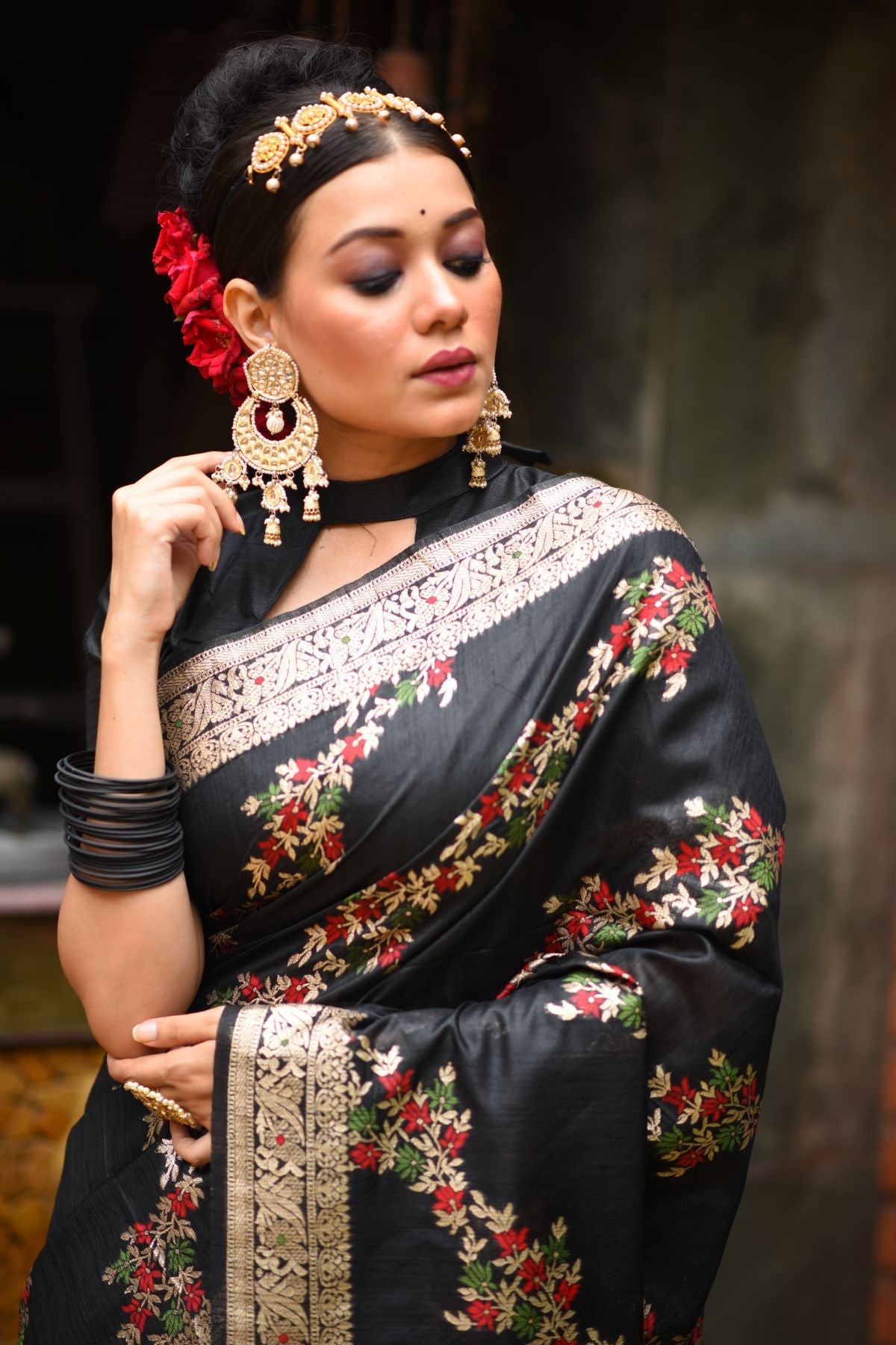 Buy MySilkLove Mine Shaft Black Woven Tussar Silk Saree Online