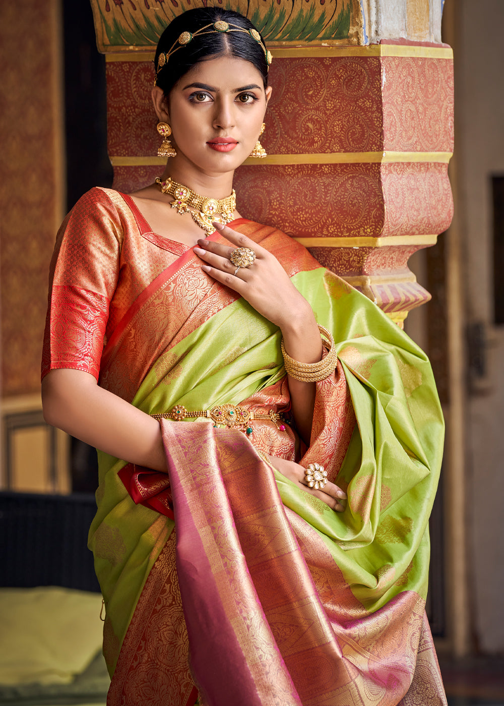 Buy MySilkLove Tacha Green Woven Banarasi Barcode Silk Saree Online