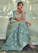Granny Smith Blue Zari Woven Banarasi Linen Saree