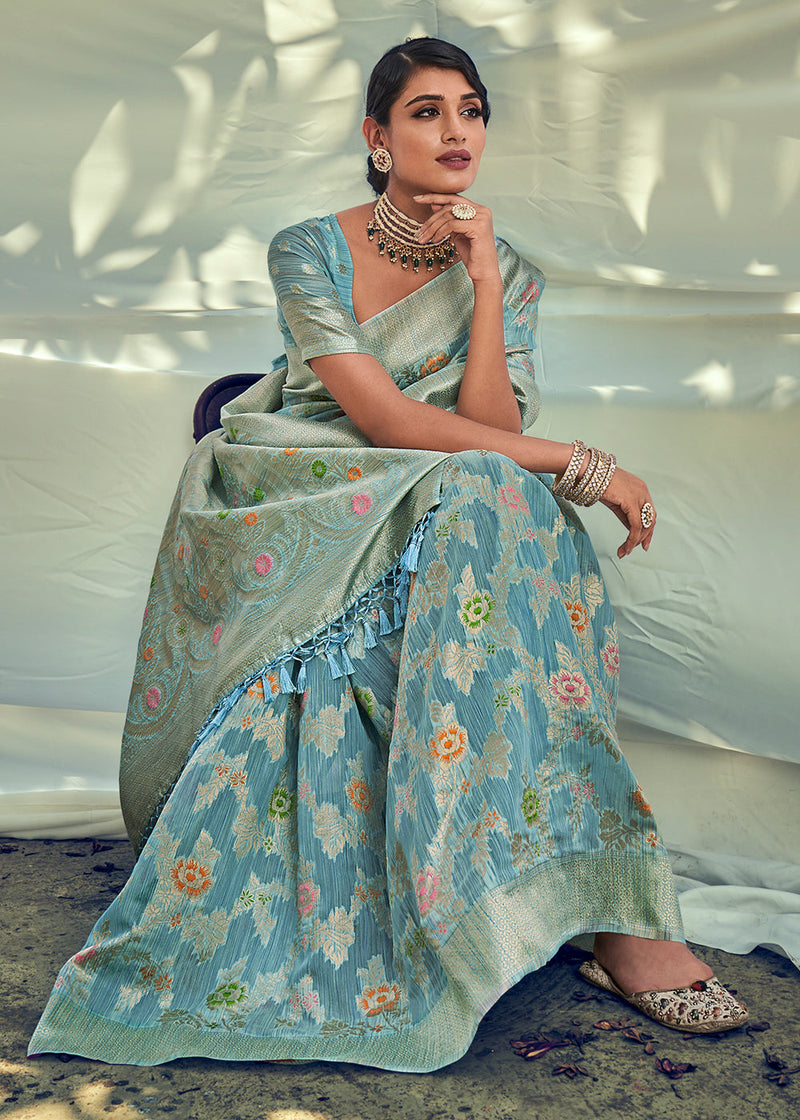 Granny Smith Blue Zari Woven Banarasi Linen Saree