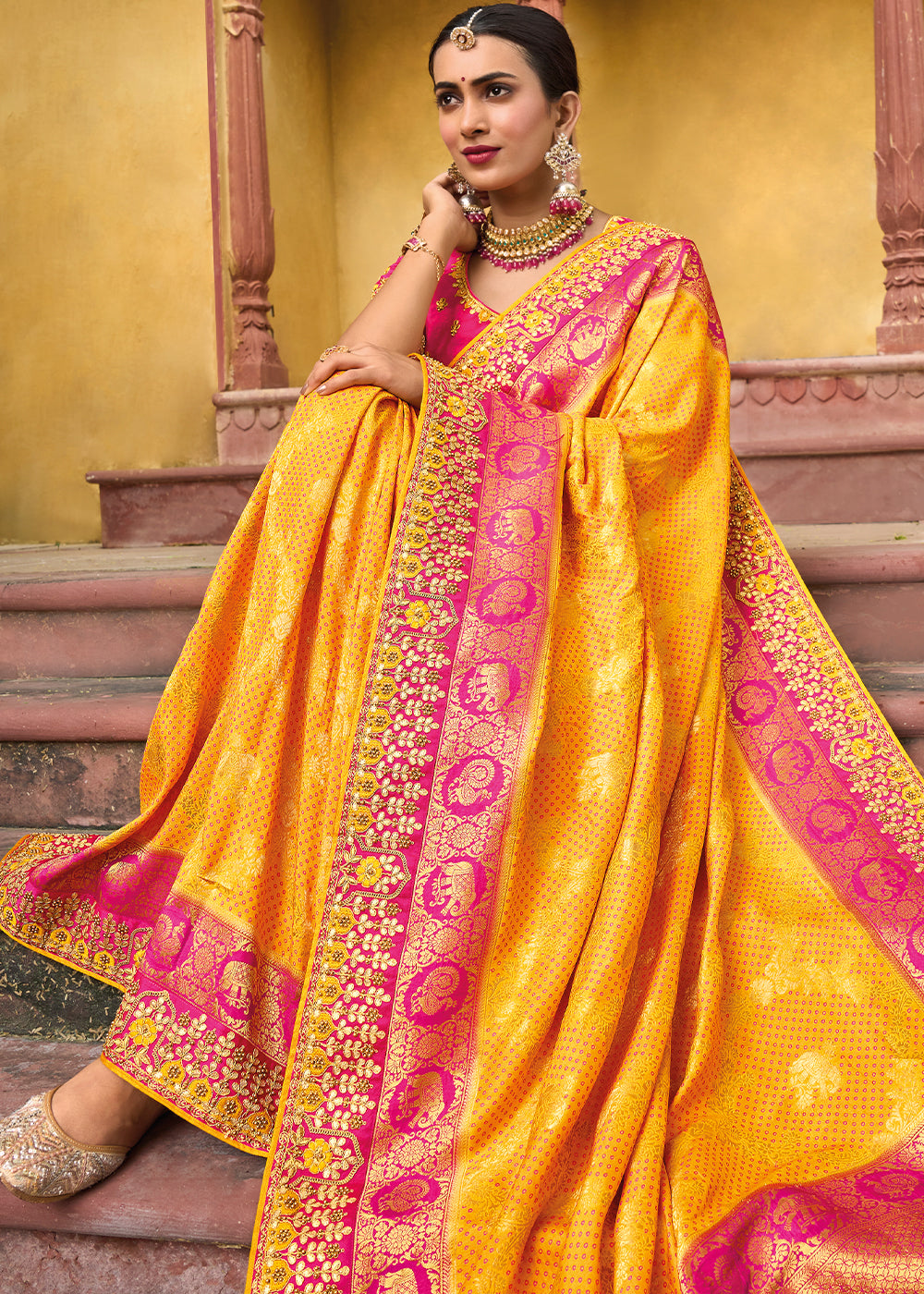 MySilkLove Sea Yellow and Pink Embroidered Dola Silk Saree