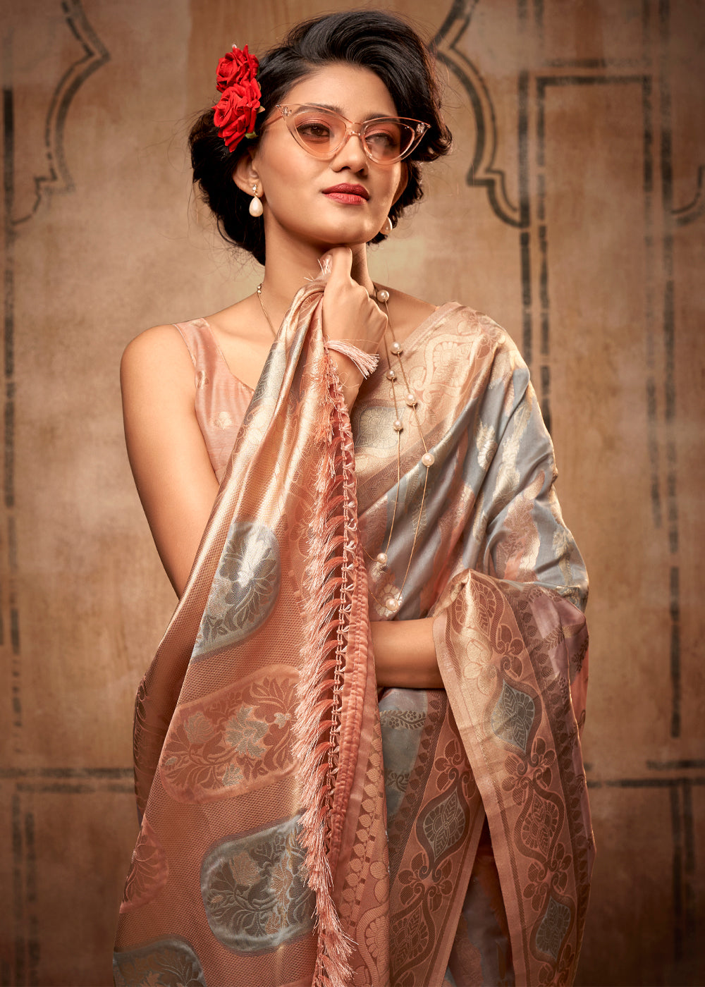 Buy MySilkLove Beaver Grey and Peach Zari Woven Banarasi Organza Saree Online