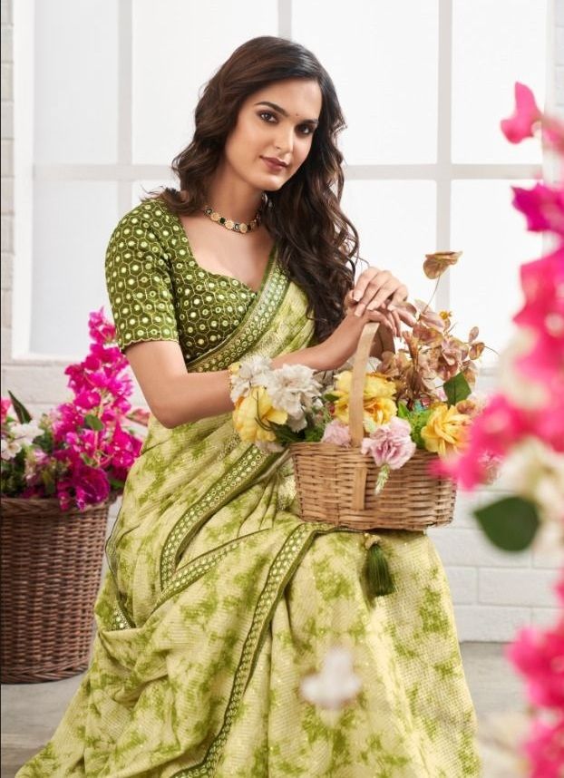 MySilkLove Peridot Green Chinon Printed Saree