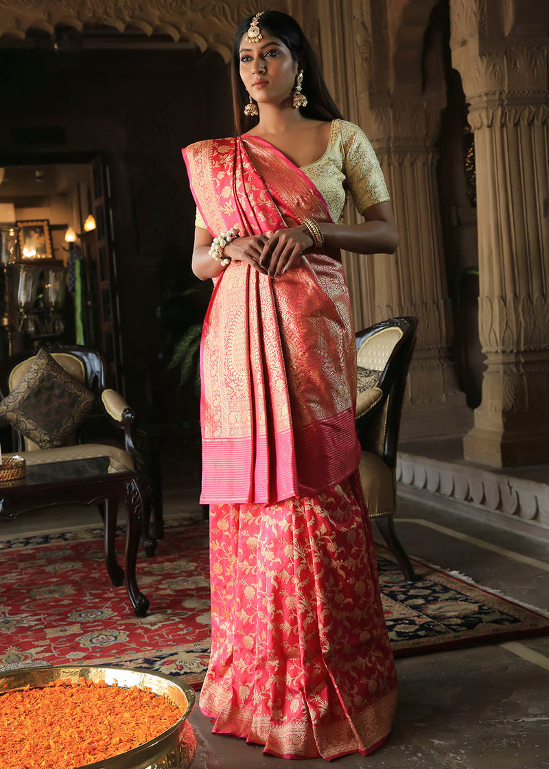 Valencia Pink Katan Pure Silk Handwoven Kadwa Jaal Saree