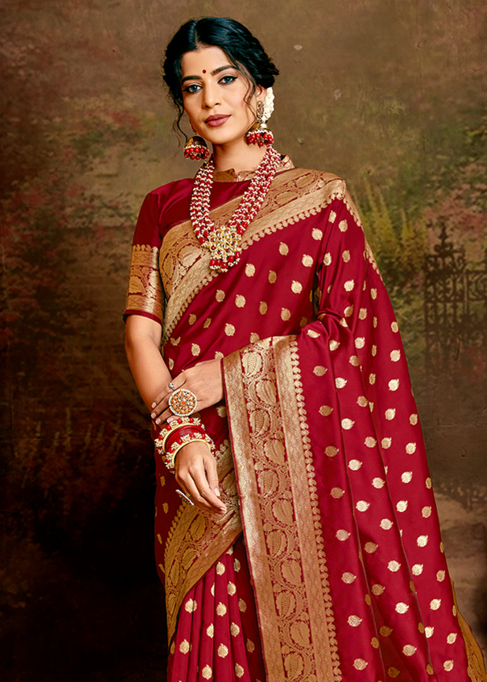 Buy MySilkLove Sweet Red Zari Woven Banarasi Jamdani Silk Saree Online