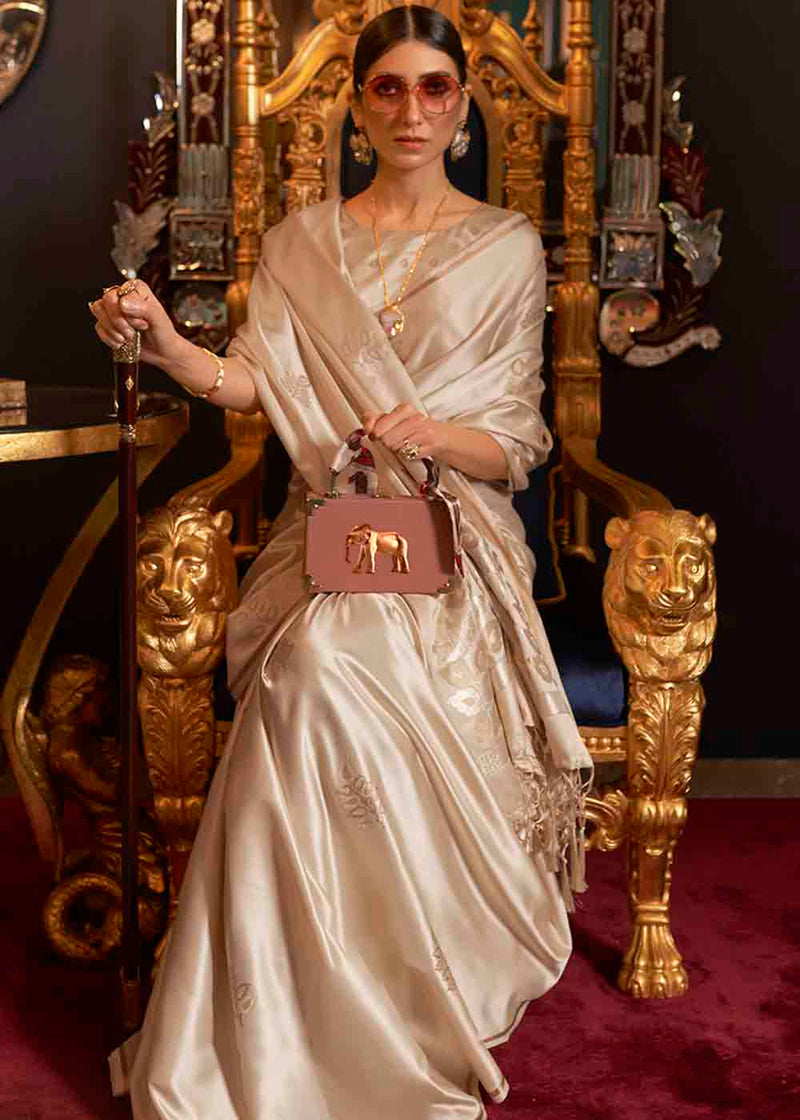 Cameo Cream Zari Woven Banarasi Satin Silk Saree