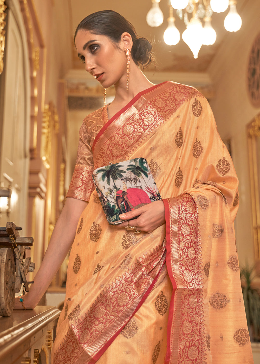 Buy MySilkLove Cheese Orange Zari Woven Banarasi Linen Saree Online