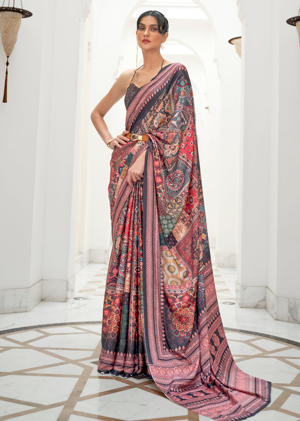 Opium Purple and Dark Grey Kalamkari Printed Crepe Saree – MySilkLove