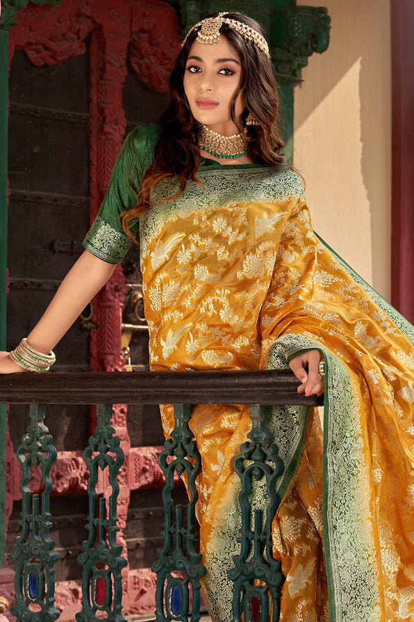 MySilkLove Brandy Punch Yellow and Green Organza Saree