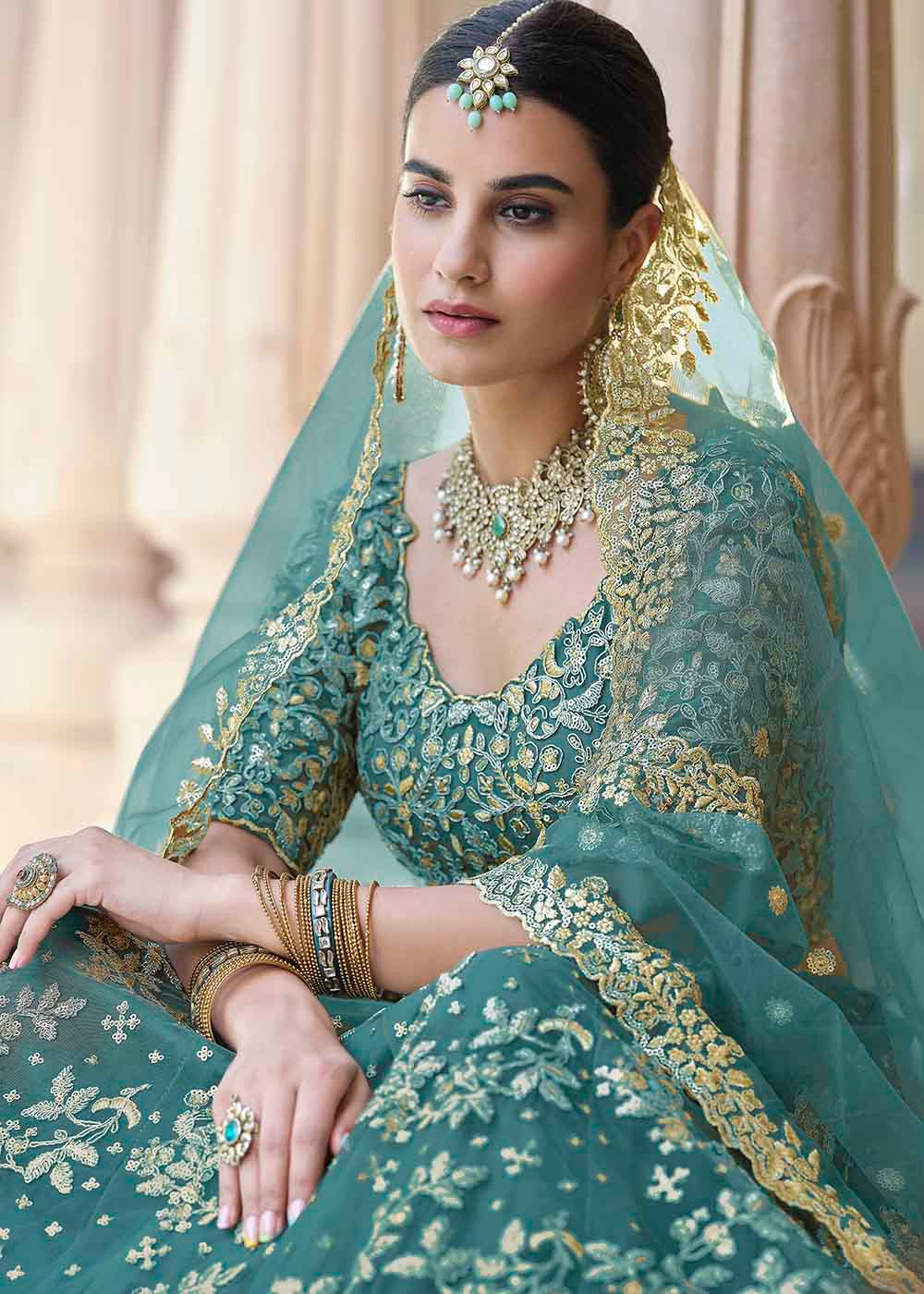 Buy MySilkLove Plantation Green Soft Net Designer Lehenga Choli With Dori & Sequins Work Online