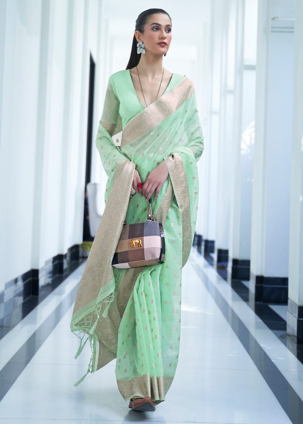 MySilkLove Vista Green Zari Woven Banarasi Kora Silk Saree