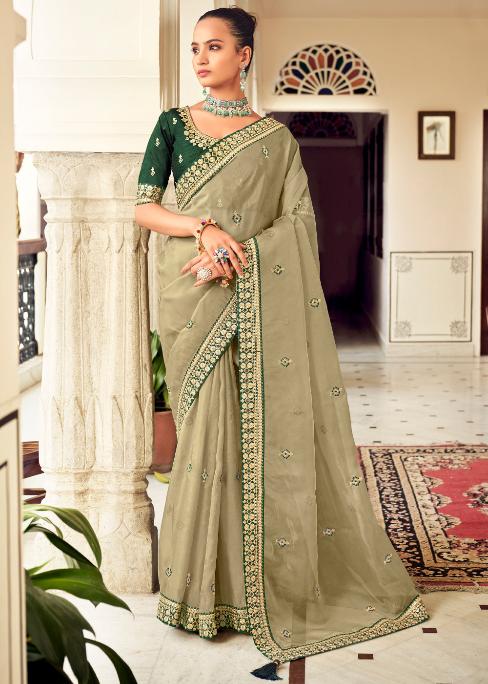 Buy MySilkLove Pine Glade Green Woven Banarasi Georgette Silk Saree Online