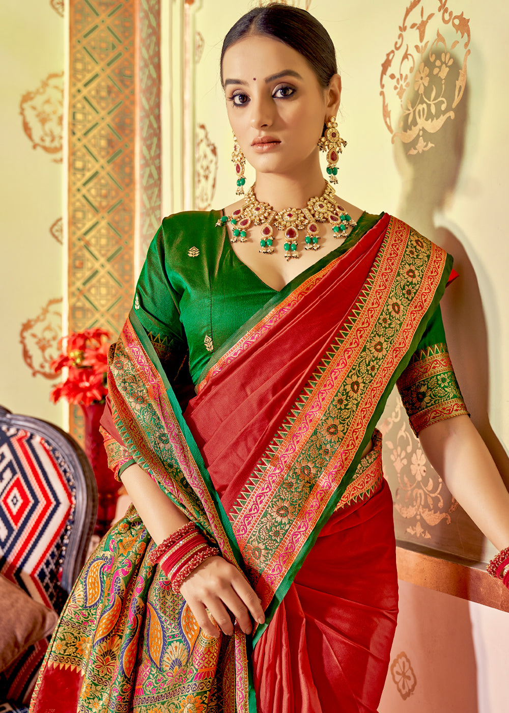 Red Velvet Silk Saree top With Green Banarasi Upada Paithani Silk Saree For Woman Silk Saree With Blouse fancy Party Wedding Festive Saree.