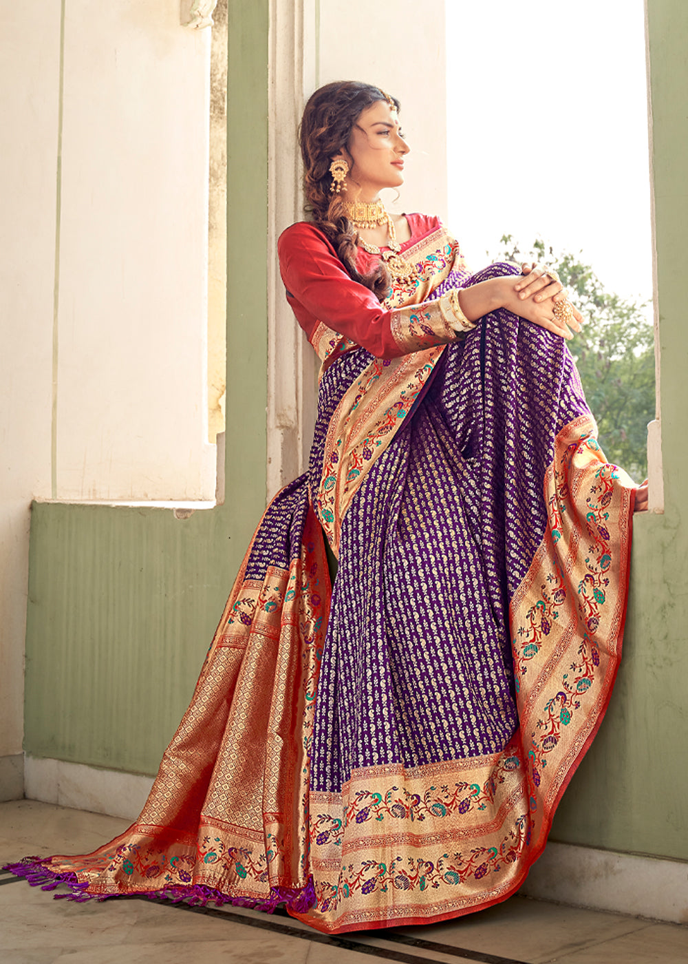 Buy MySilkLove Razzmic Purple and Red Zari Woven Banarasi Brocade Saree Online