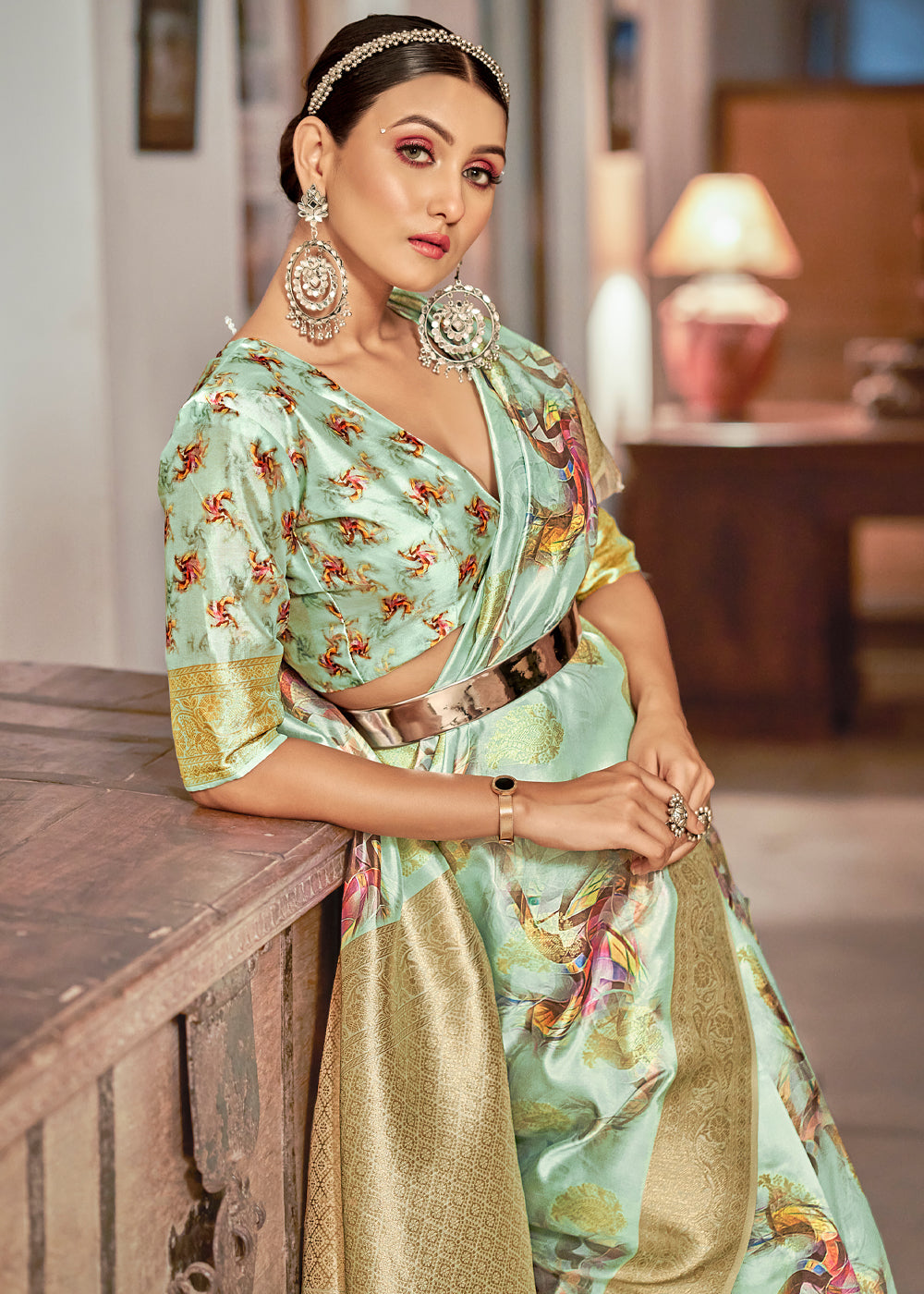 MySilkLove Surf Crest Green Digital Printed Banarasi Saree