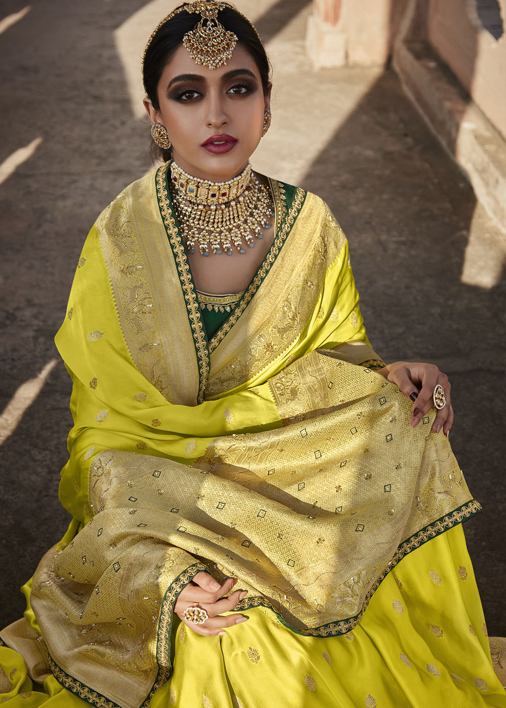 Buy MySilkLove Sunflower Green Zari Woven Banarasi Silk Saree with Embroidered Blouse Online
