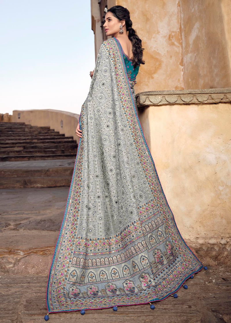 Delta Grey Banarasi Saree with Kachhi,Mirror and Diamond Work