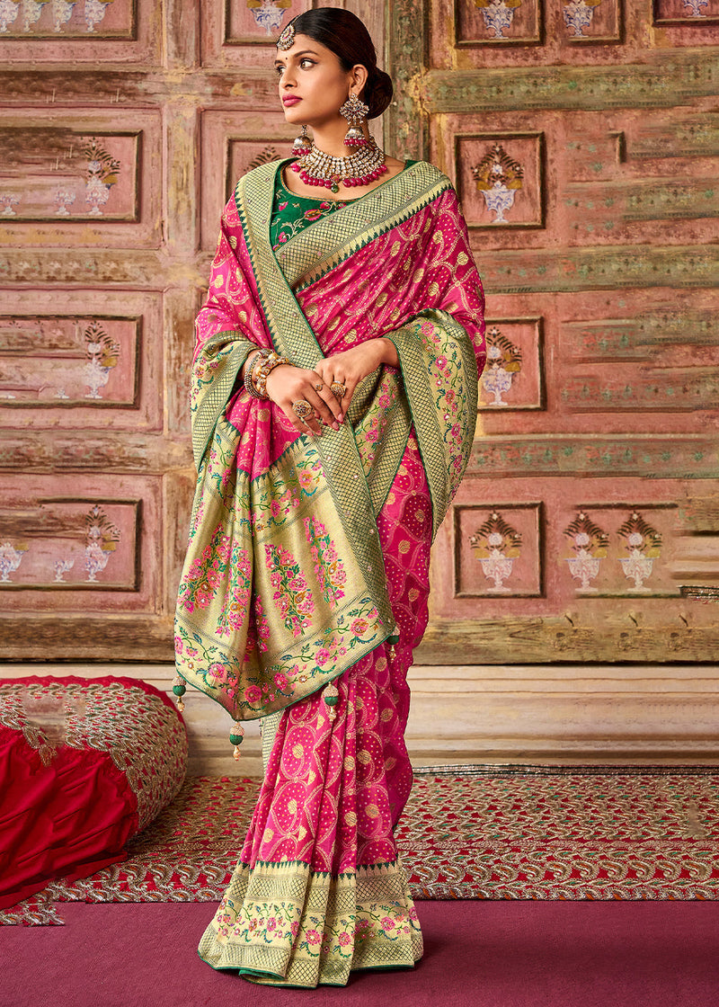 Watermelon Pink and Green Patola Printed Dola Silk Saree With Embroidered Blouse