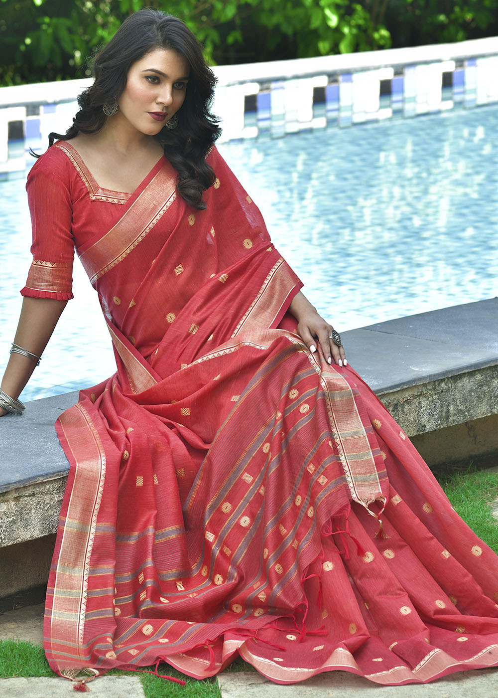 Buy MySilkLove Sienna Red Zari Woven Cotton Saree Online