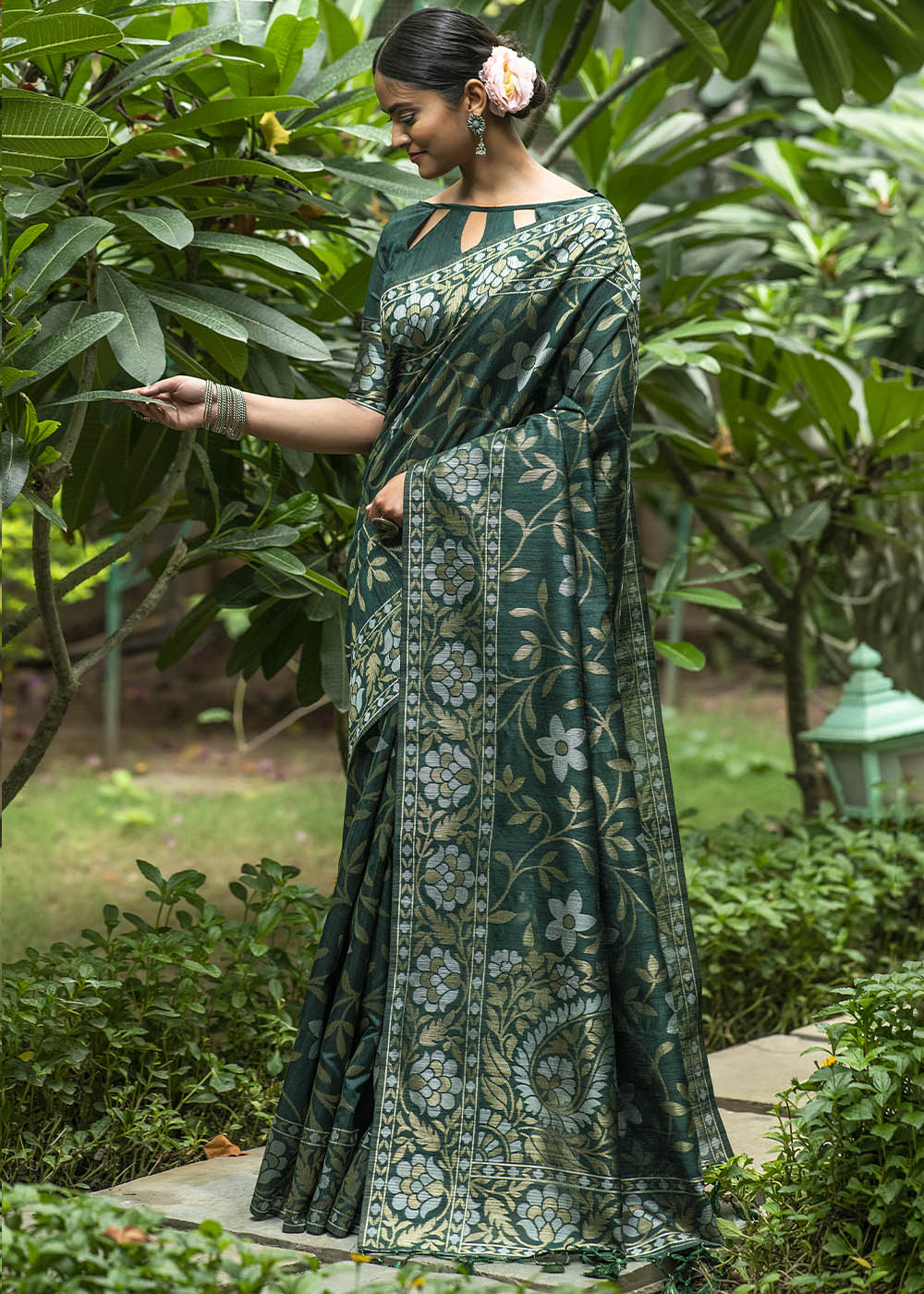 MySilkLove Asparagus Green Zari Woven Floral Tussar Saree