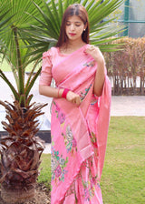 Lavender Pink Floral Printed Soft Silk Saree