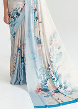 Ivory Pearl White and Blue Printed Saree