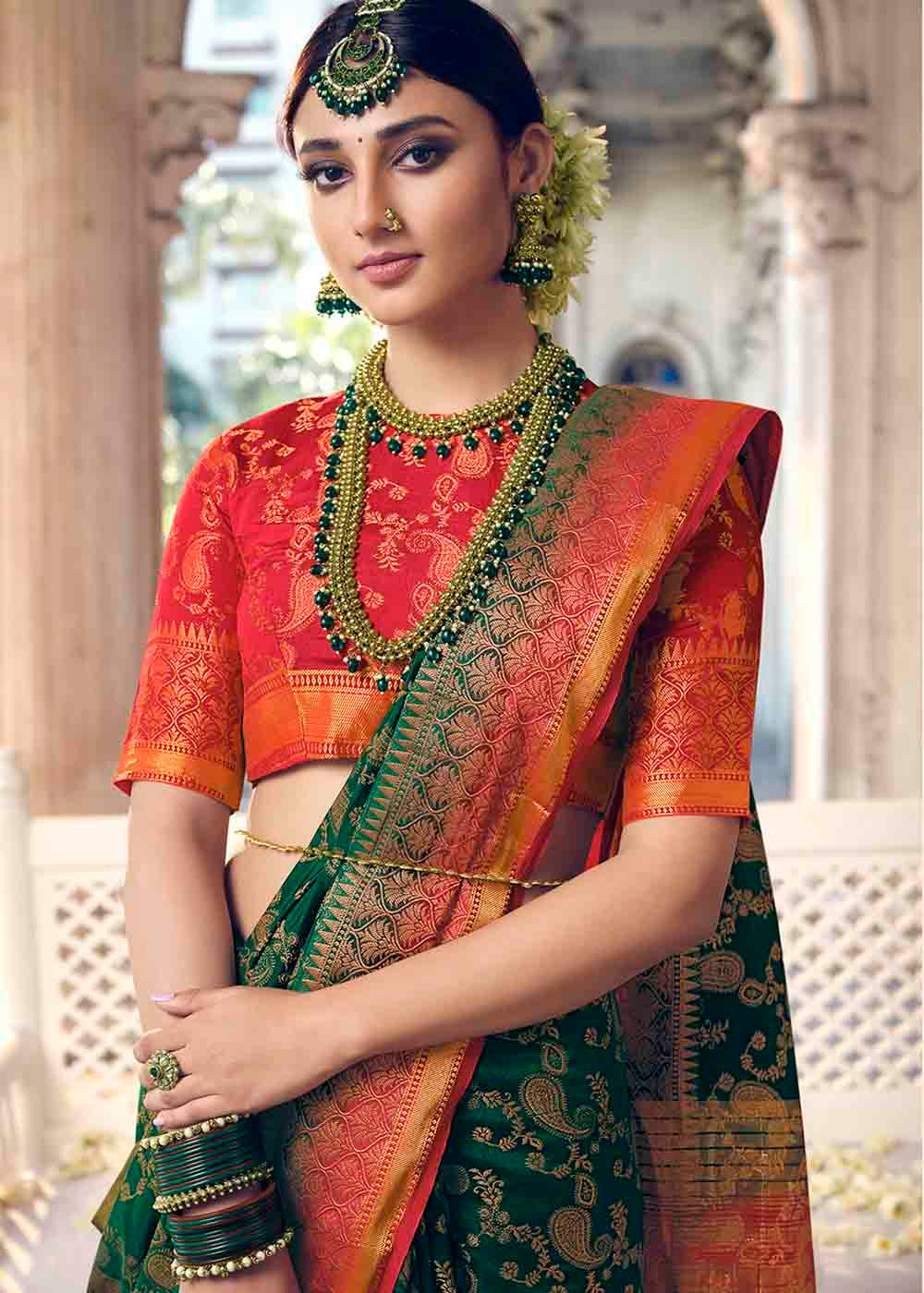 Buy MySilkLove Everglade Green Zari Woven Banarasi Raw Silk Saree Online