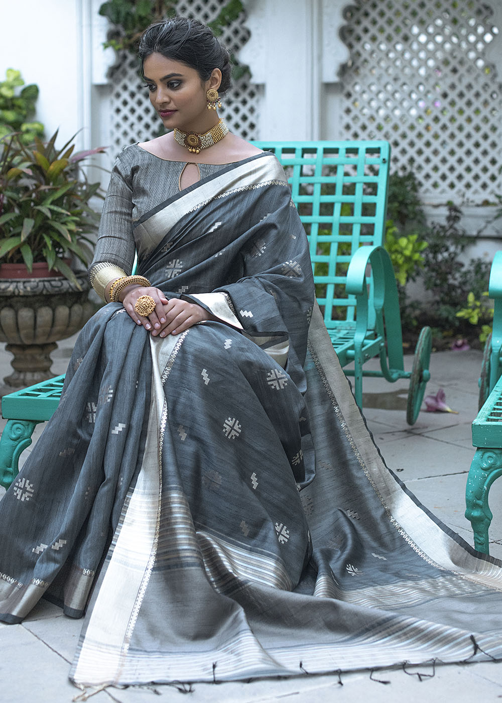 Buy MySilkLove Black Coral Grey Zari Woven Tussar Silk Saree Online