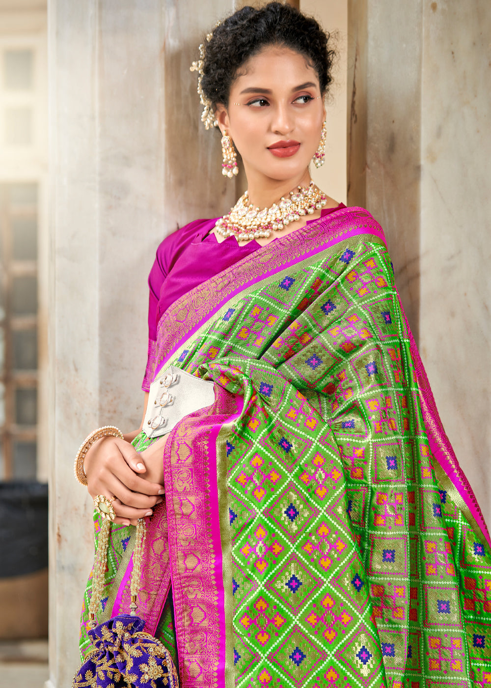 MySilkLove Sushi Green and Pink Zari Woven Patola Saree