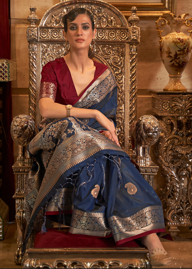 River Bed Blue and Red Zari Woven Tussar Saree