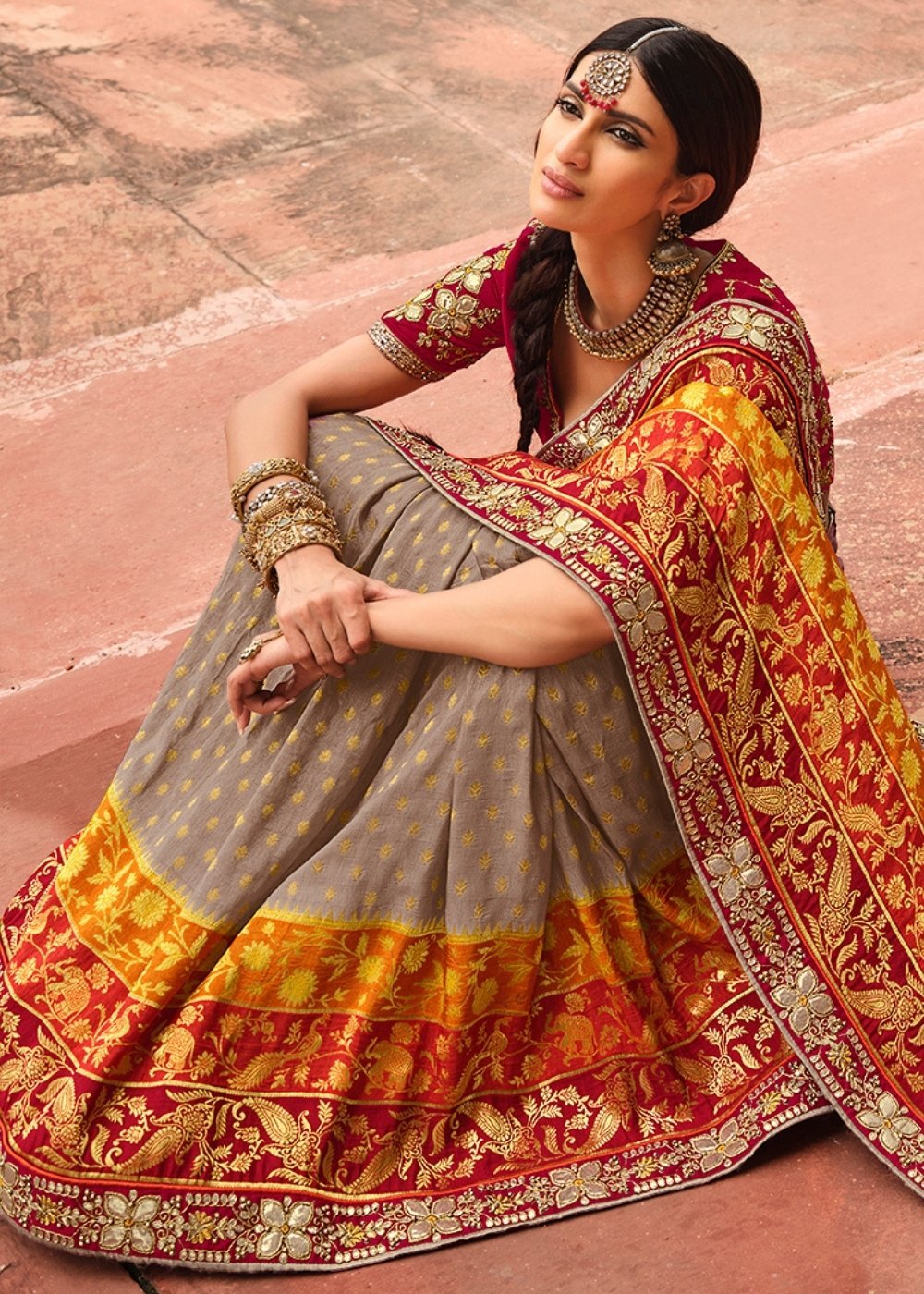 Buy MySilkLove Sandal Grey and Orange Banarasi Saree with Designer Blouse Online