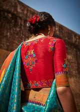 Malachite Blue and Red Zari Woven Designer Banarasi Saree