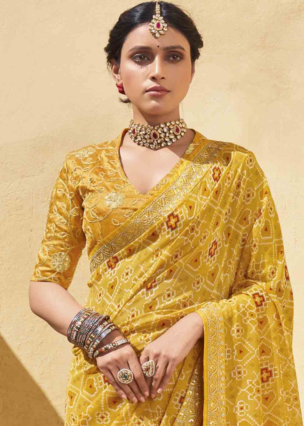 Buy MySilkLove Bourbon Yellow Patola Print Georgette Saree With Embroidered Blouse Online