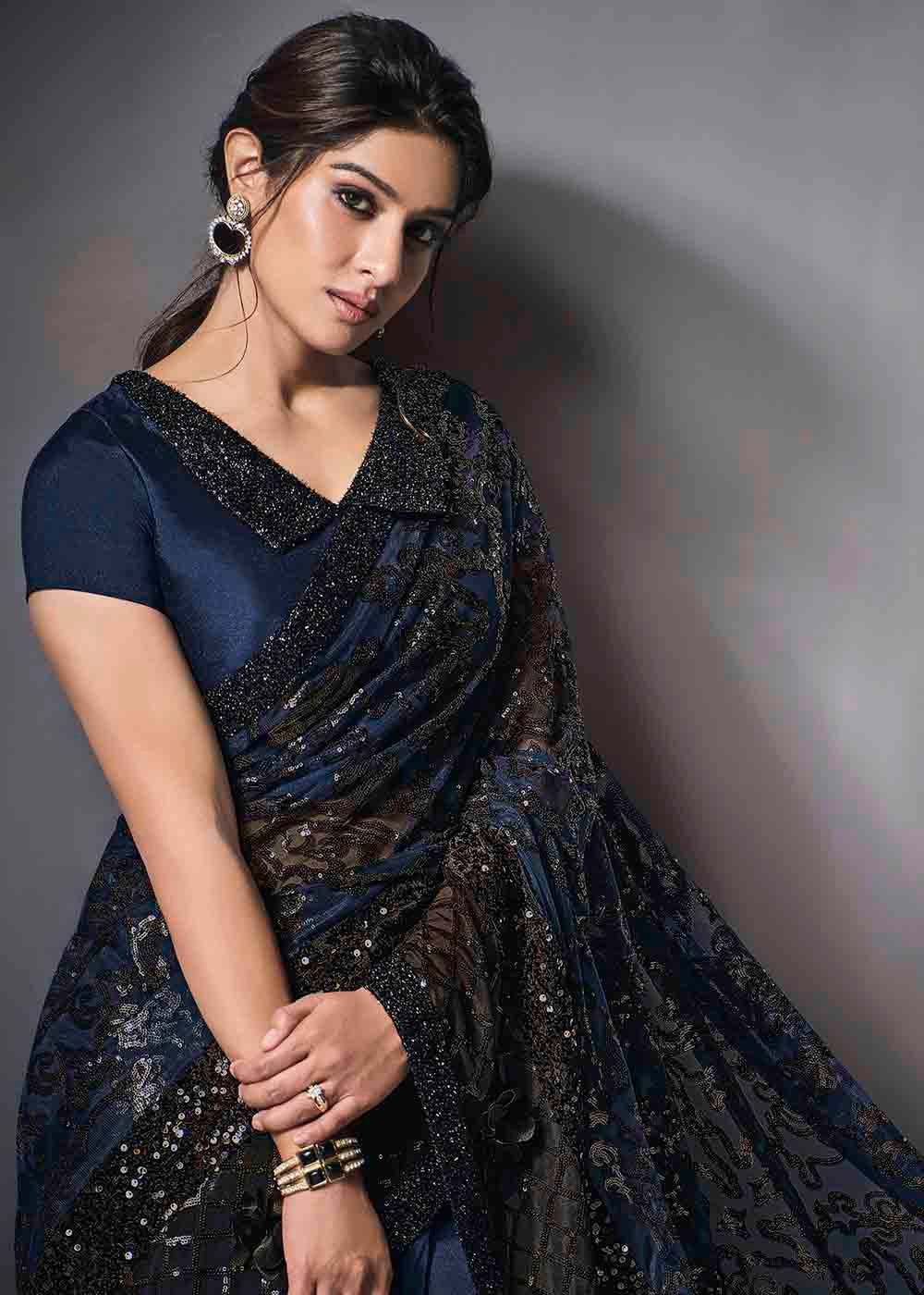 MySilkLove Ebony Blue Designer Lycra Saree with Embroidery Work