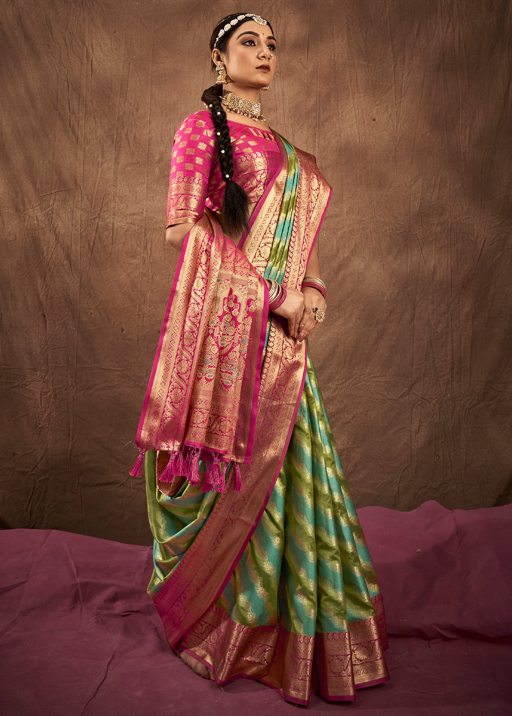 Buy MySilkLove Sycamore Green and Pink Woven Rangkath Banarasi Silk Saree Online
