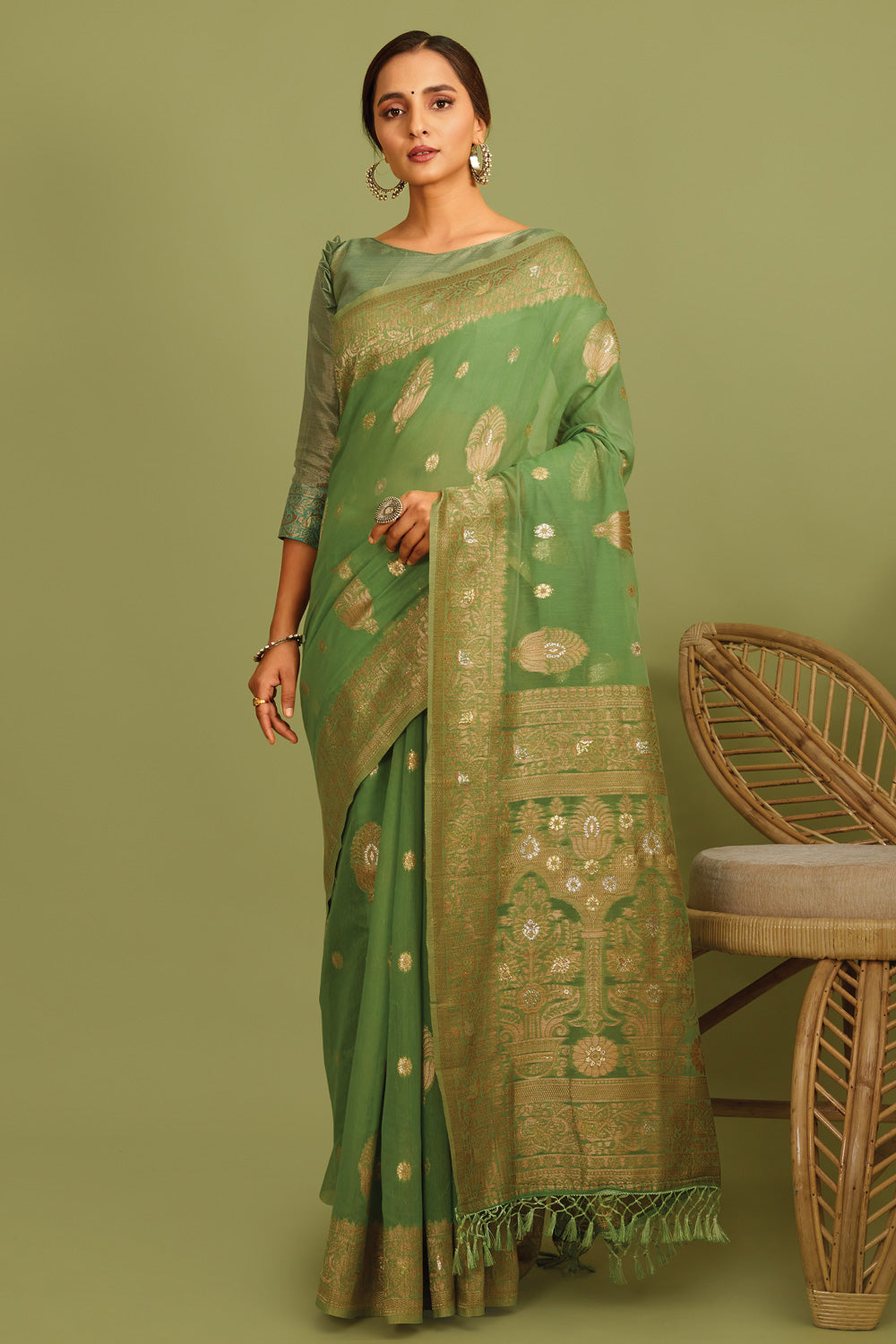 Buy MySilkLove Glade Green Zari Woven Linen Saree Online