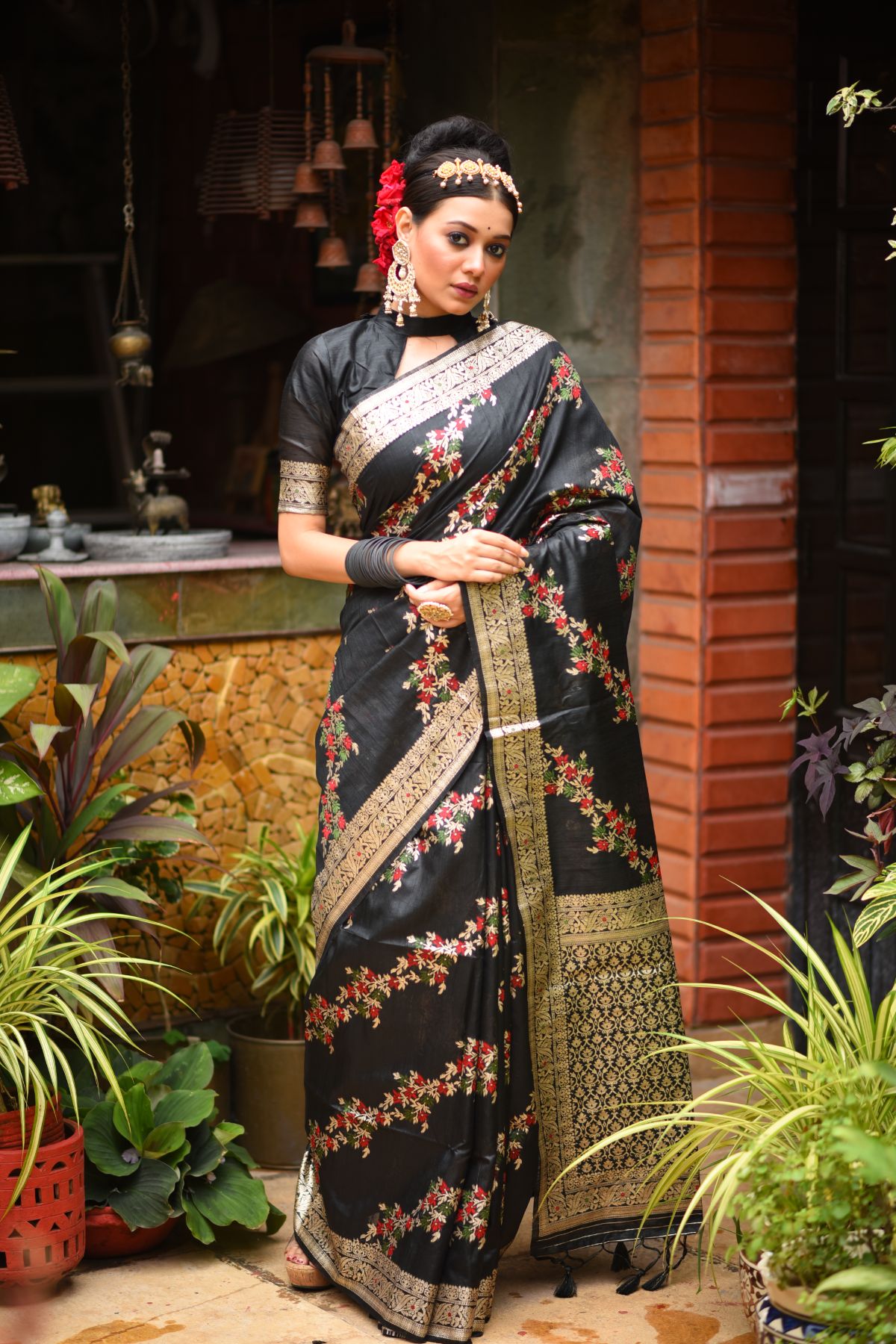 Buy MySilkLove Mine Shaft Black Woven Tussar Silk Saree Online