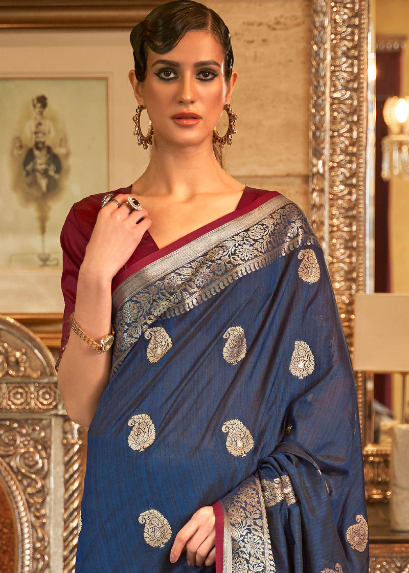 River Bed Blue and Red Zari Woven Tussar Saree