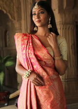 Valencia Pink Katan Pure Silk Handwoven Kadwa Jaal Saree