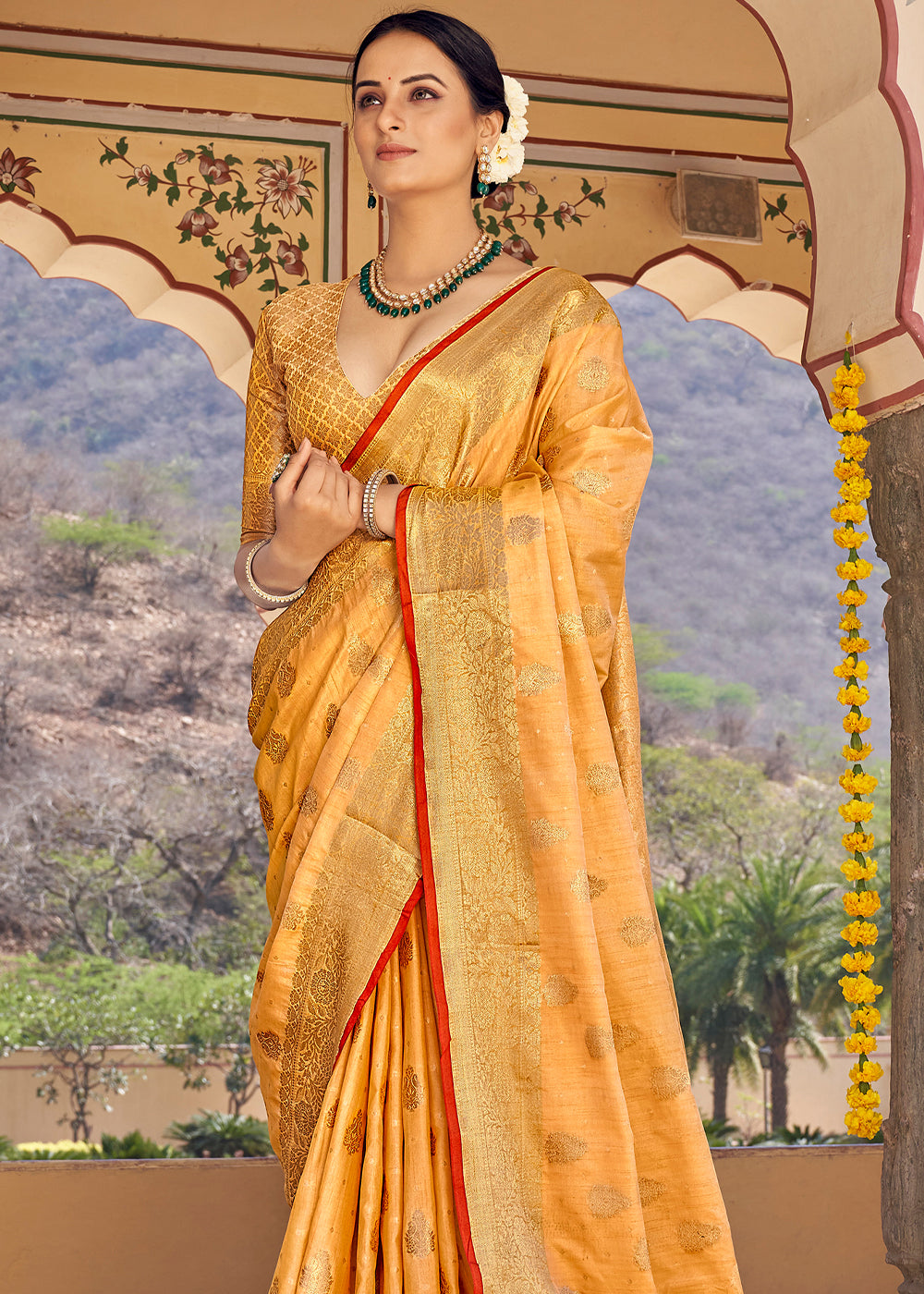 Buy MySilkLove Sandy Yellow Zari Woven Banarasi Linen Saree Online