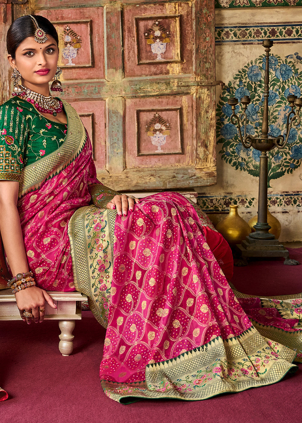 Buy MySilkLove Watermelon Pink and Green Patola Printed Dola Silk Saree With Embroidered Blouse Online