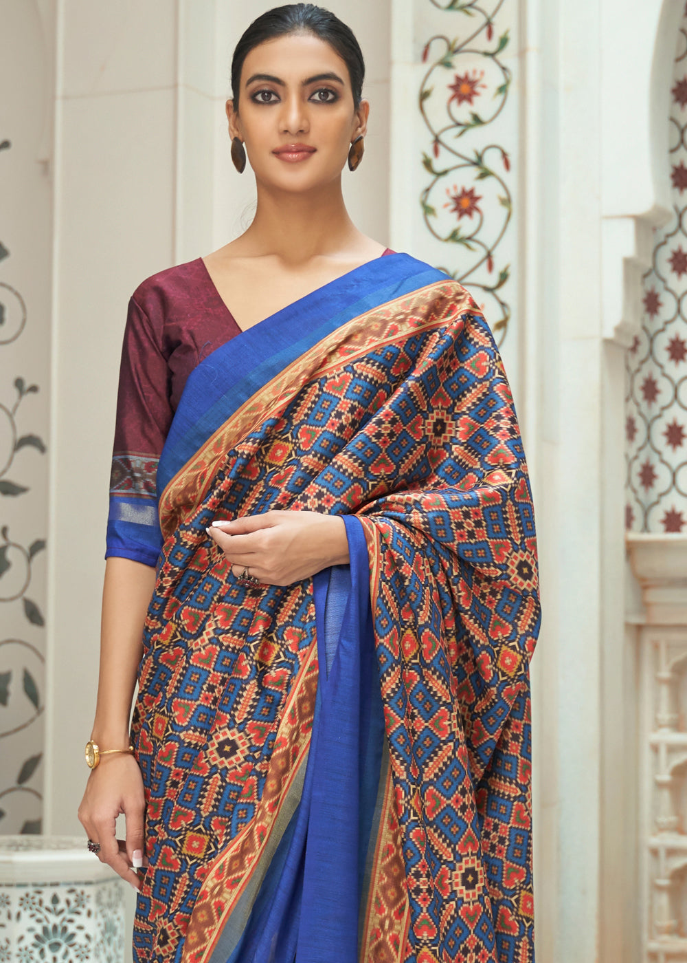 Buy MySilkLove Cape Palliser Brown and Blue Patola Digital Printed Saree Online