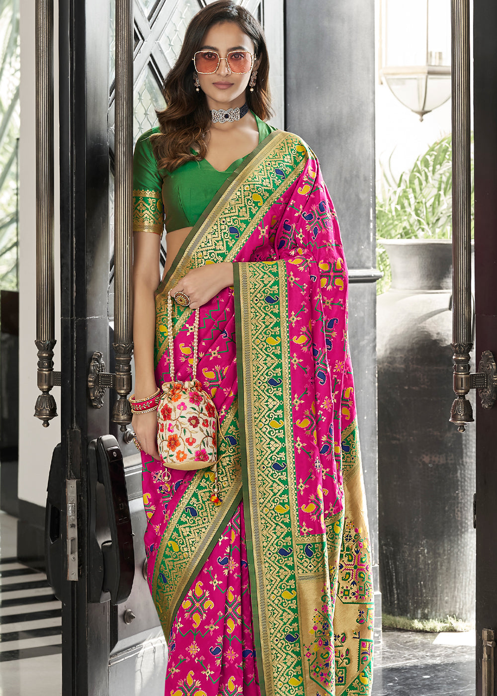 Buy MySilkLove Bittersweet Pink and Green Zari Woven Banarasi Patola Saree Online