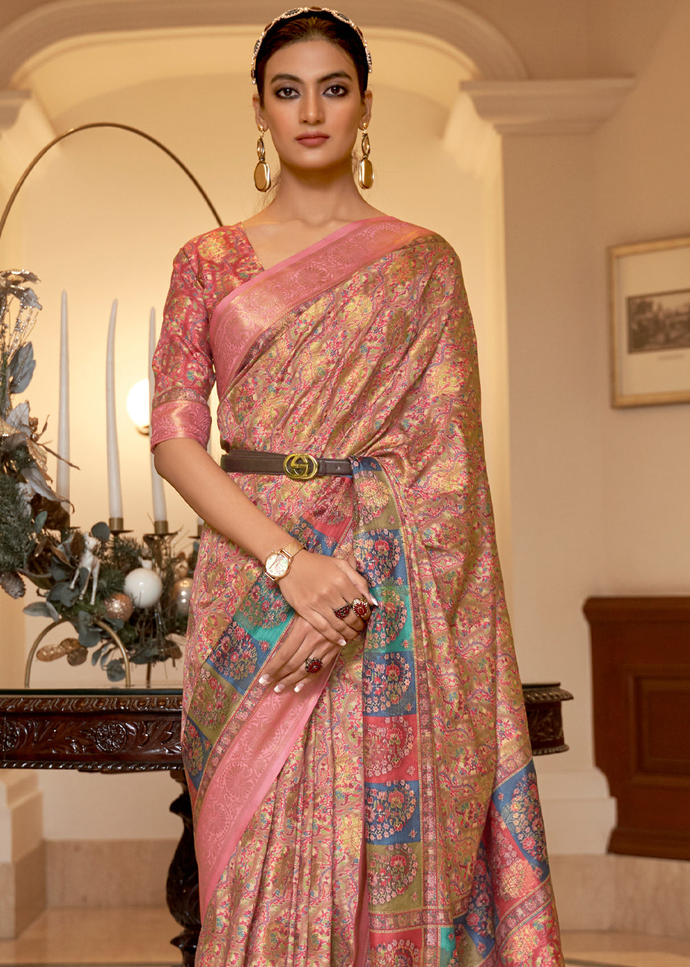 Buy MySilkLove Matrix Pink Banarasi Digital Kanni Printed Silk Saree Online