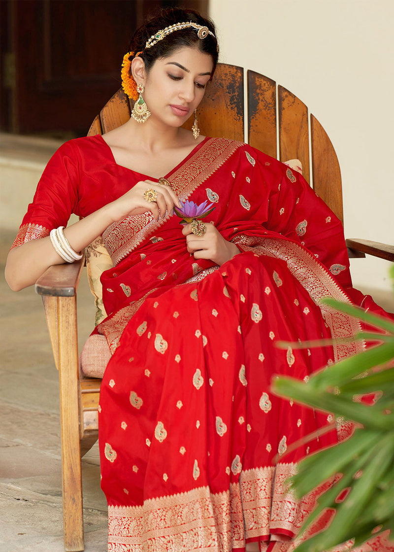 Thunderbird Red Zari Woven Banarasi Silk Saree with Butti Work