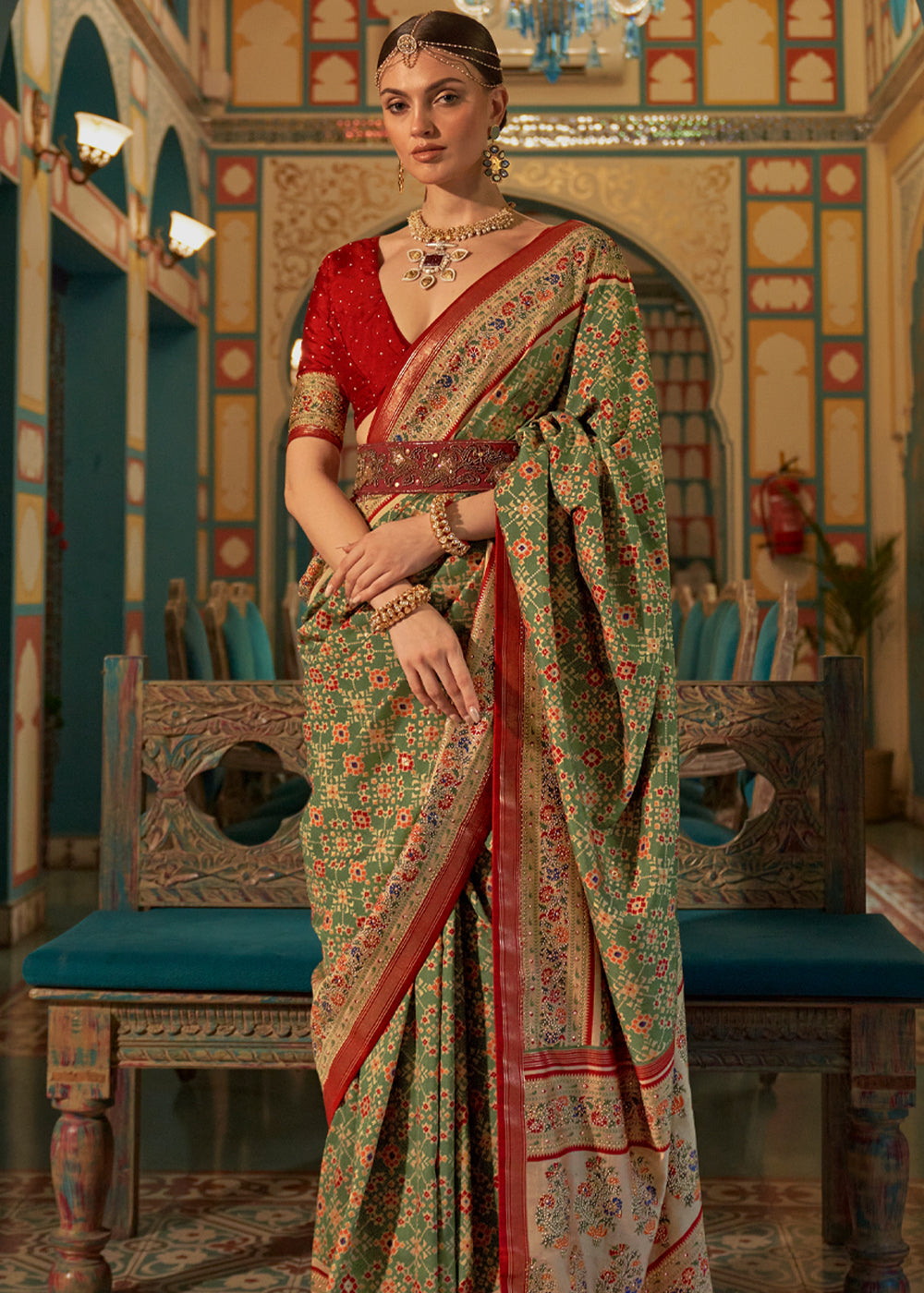 Buy MySilkLove Metal Green and Red Woven Patola Silk Saree Online