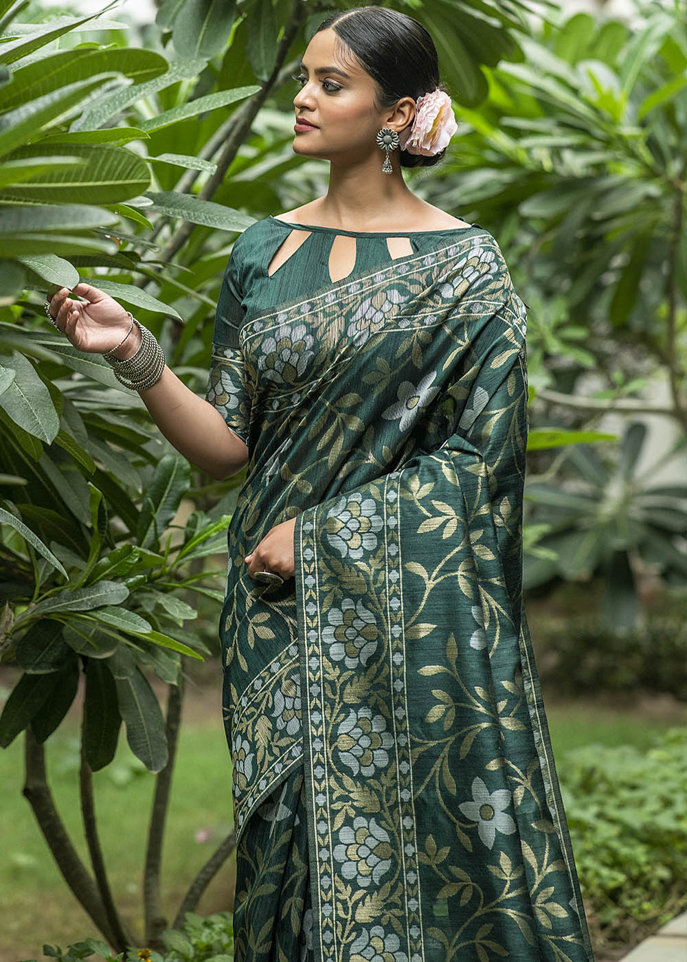 Buy MySilkLove Asparagus Green Zari Woven Floral Tussar Saree Online