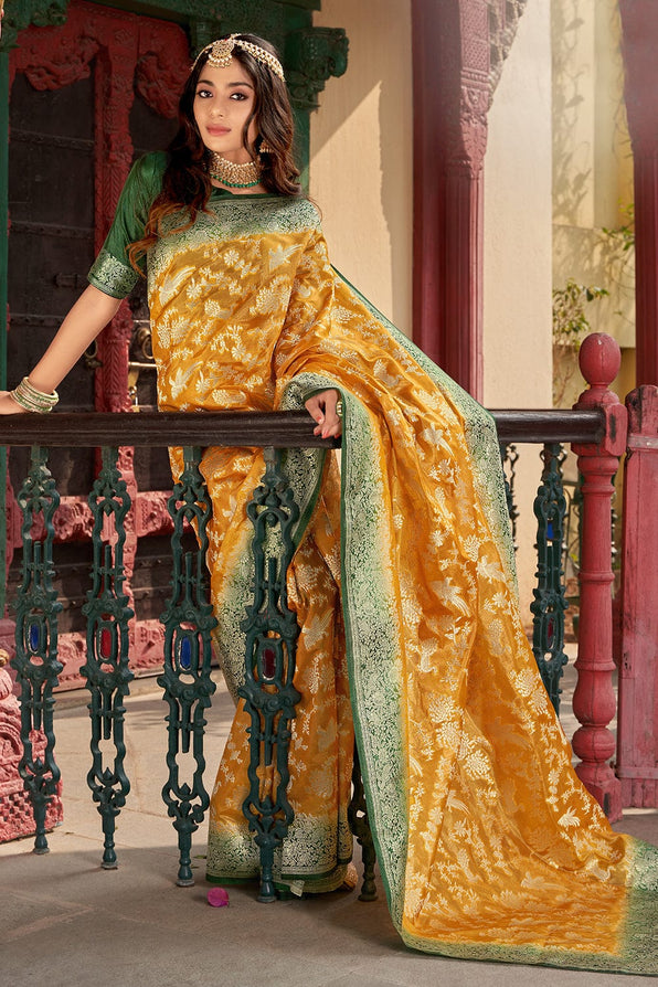 Buy MySilkLove Brandy Punch Yellow and Green Organza Saree Online