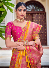 Yellow Orange Zari Woven Designer Banarasi Saree